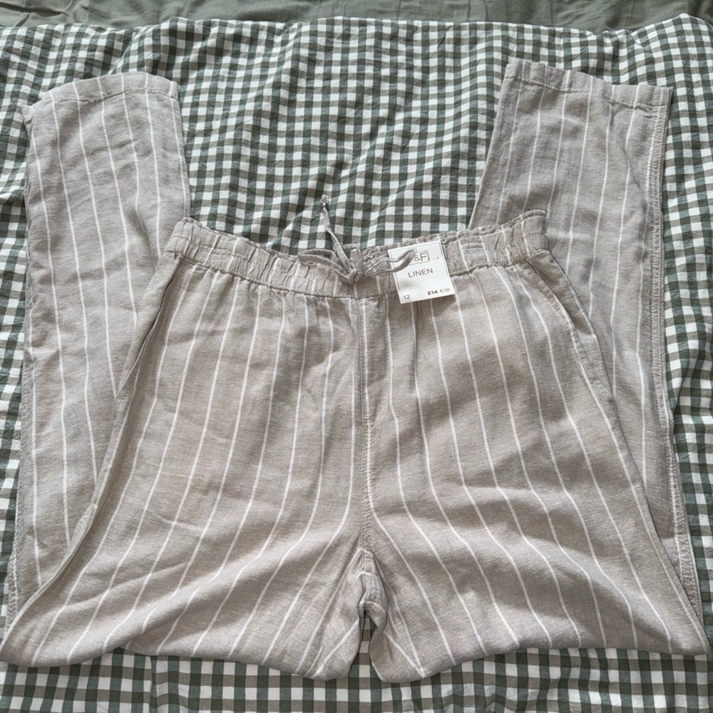 F&F Linen-Blend Beige with White Pinstripe Drawstring Pants